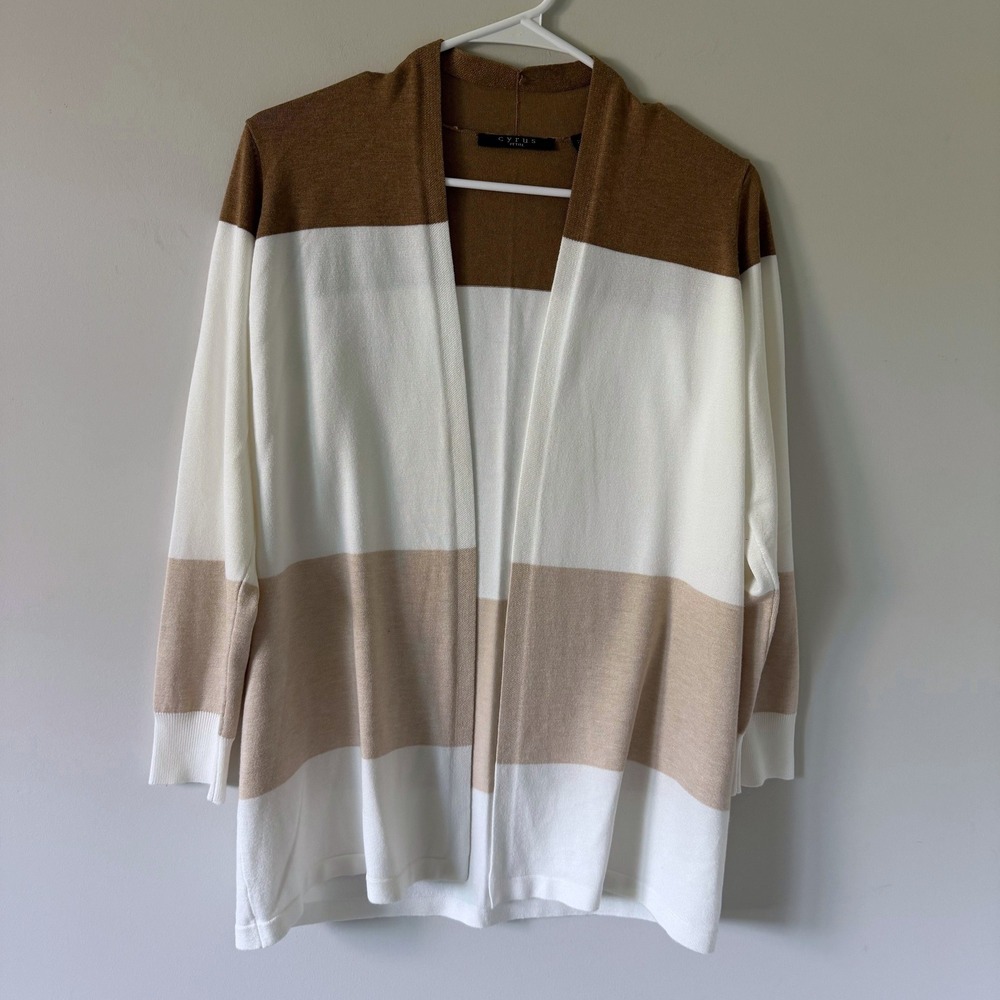Cyrus Petite Colorblock Open Front Cardigan Brown Tan Cream PM Neutral Casual
